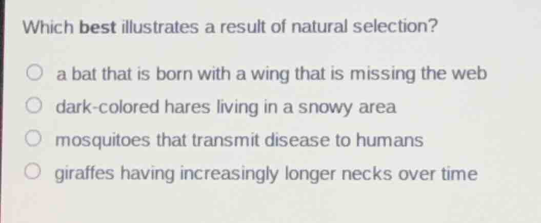 which best illustrates a result of natural selection? a bat that is bor…