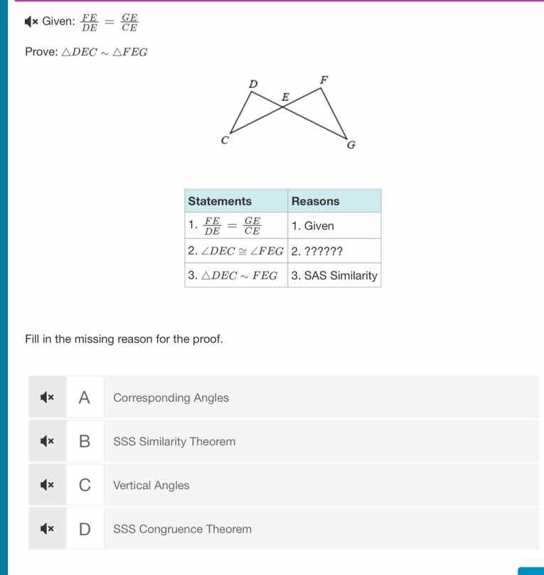 given: \\(\frac{fe}{de} = \frac{ge}{ce}\\) prove: \\(\triangle dec sim …