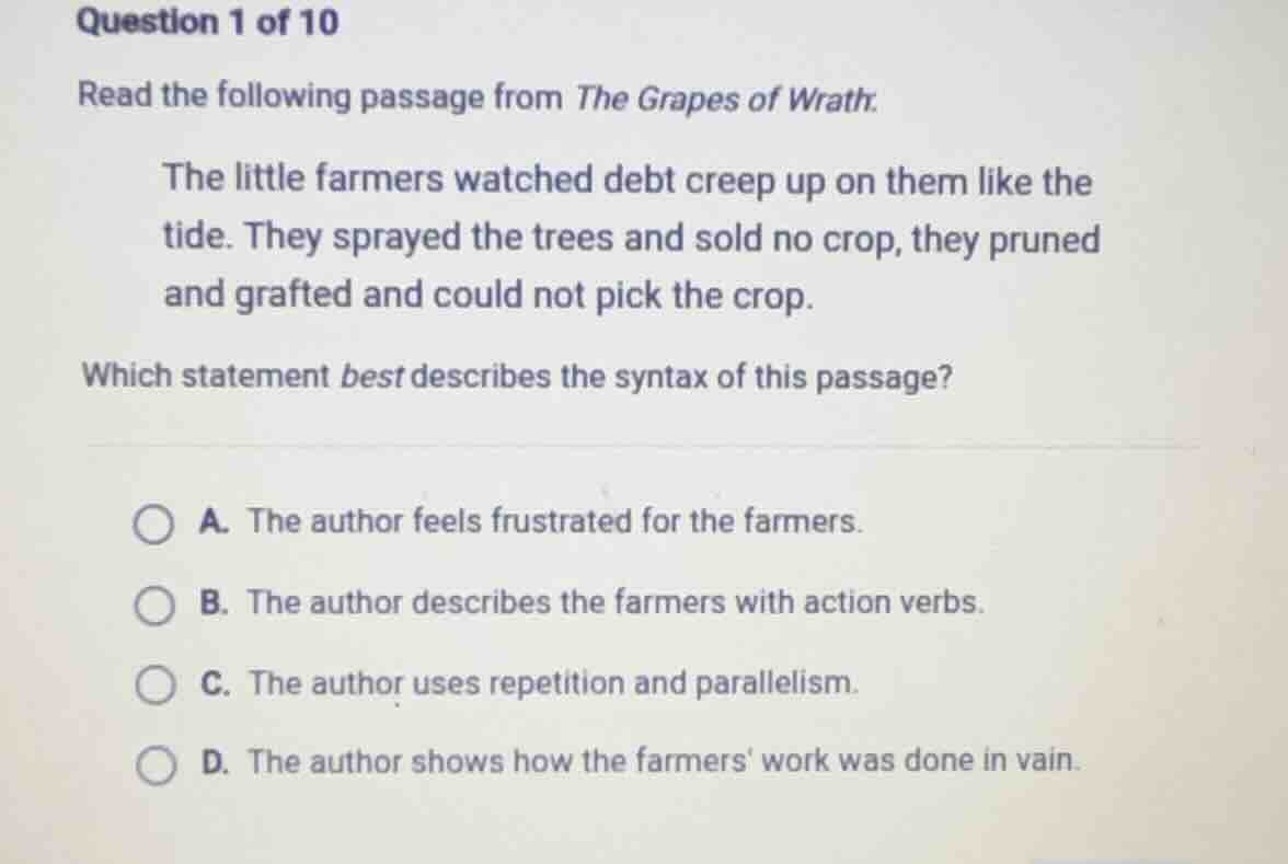 question 1 of 10 read the following passage from the grapes of wrath. t…