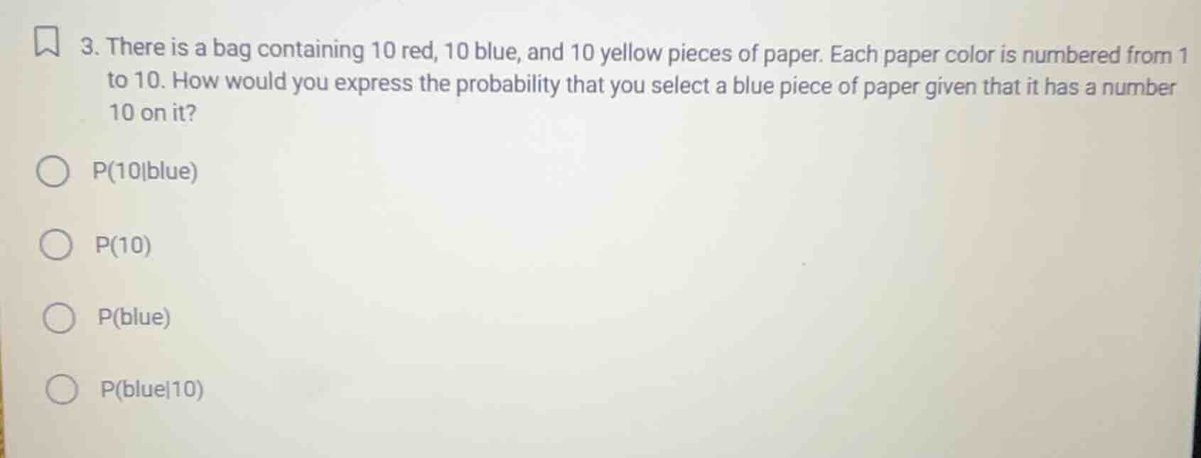 3. there is a bag containing 10 red, 10 blue, and 10 yellow pieces of p…