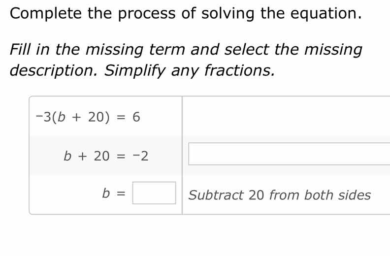 complete the process of solving the equation. fill in the missing term …
