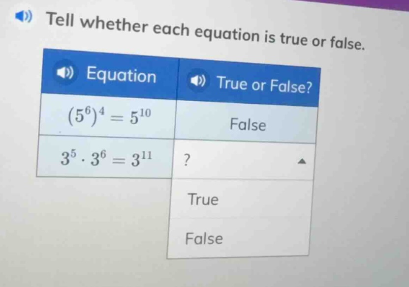 tell whether each equation is true or false. equation | true or false? …