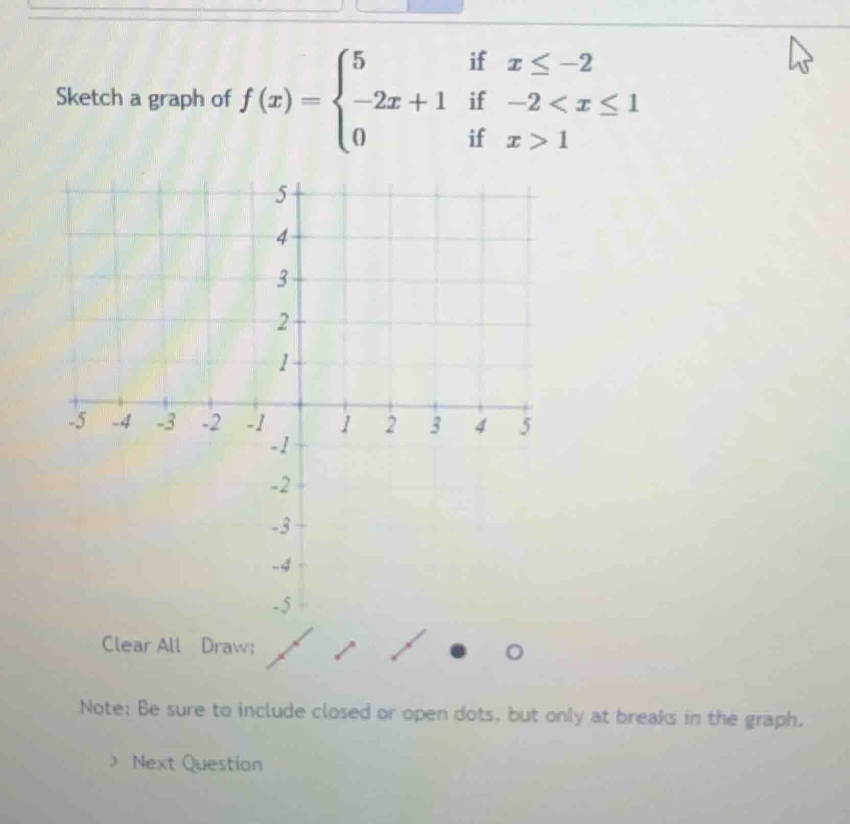 sketch a graph of $f(x)=\\begin{cases}5 & \\text{if } x\\leq -2 \\\\ -2…