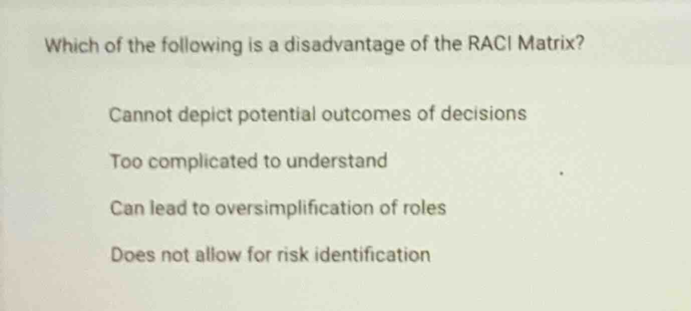 which of the following is a disadvantage of the raci matrix? cannot dep…
