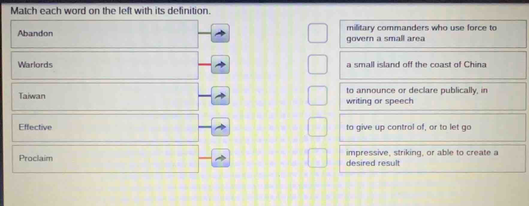 match each word on the left with its definition. abandon warlords taiwa…