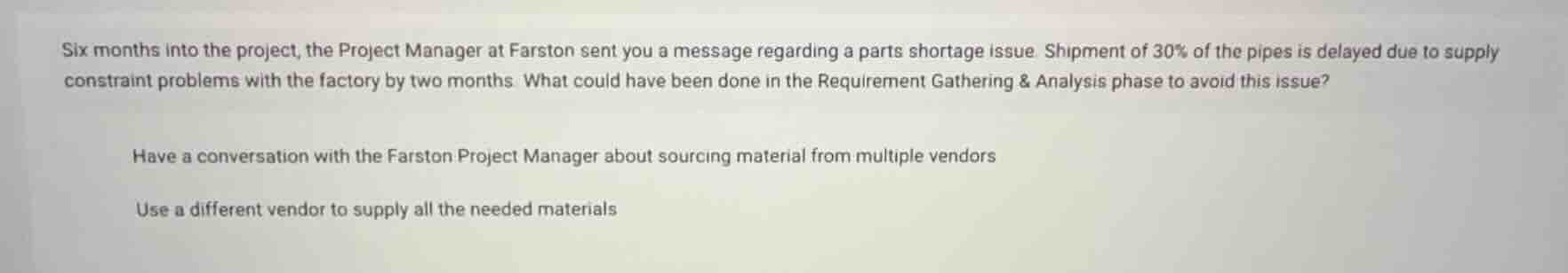 six months into the project, the project manager at farston sent you a …