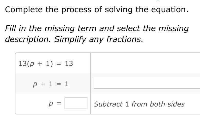 complete the process of solving the equation. fill in the missing term …