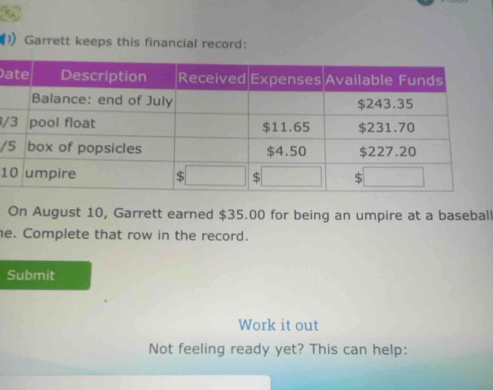 garrett keeps this financial record: date description received expenses…