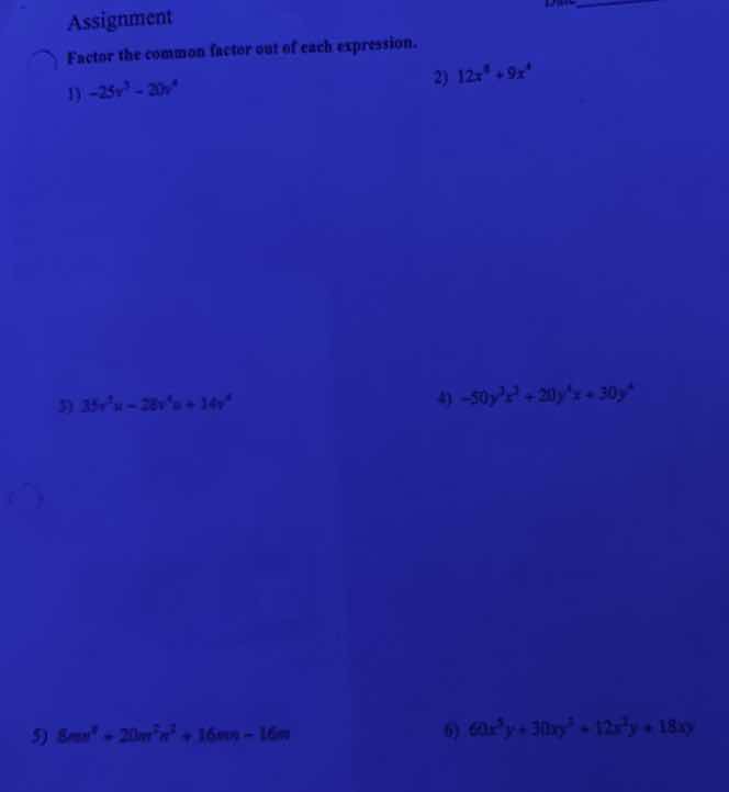 assignment factor the common factor out of each expression. 1) $-25x^3 …
