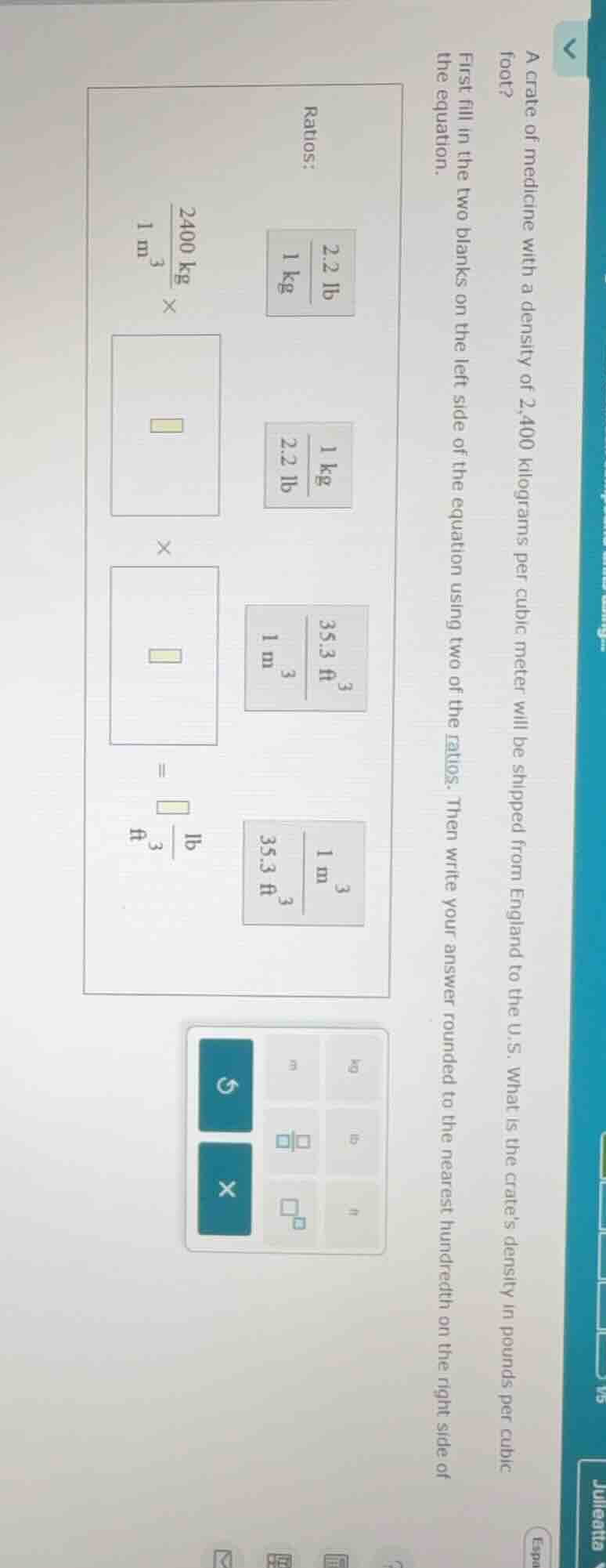 a crate of medicine with a density of 2,400 kilograms per cubic meter w…