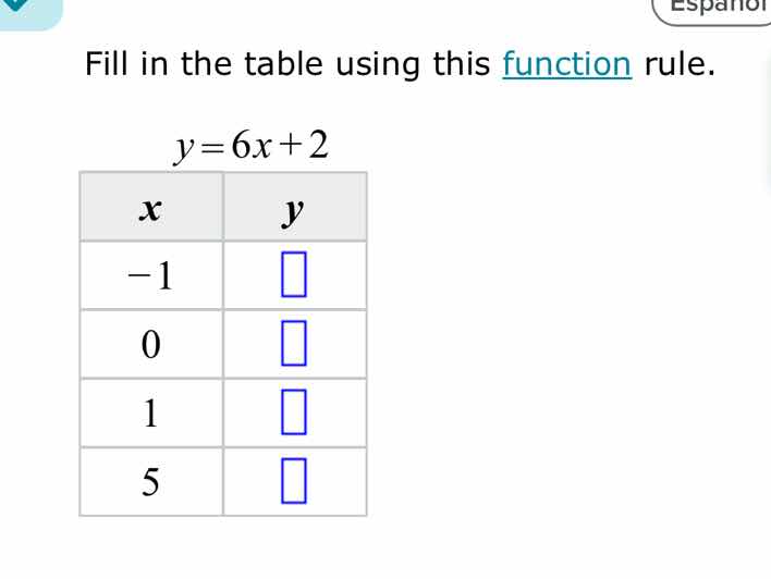 fill in the table using this function rule. y=6x+2 x | y -1 | 0 | 1 | 5…