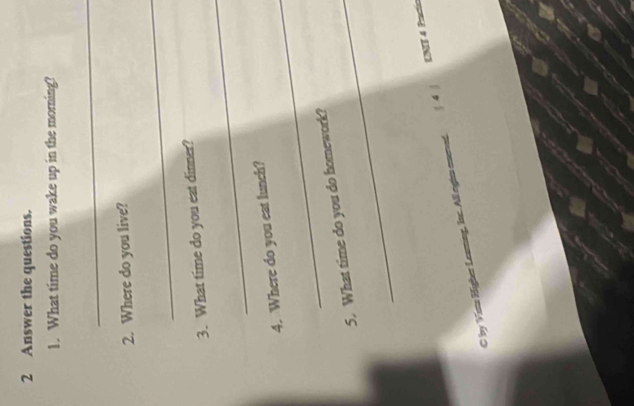 2 answer the questions. 1. what time do you wake up in the morning? 2. …
