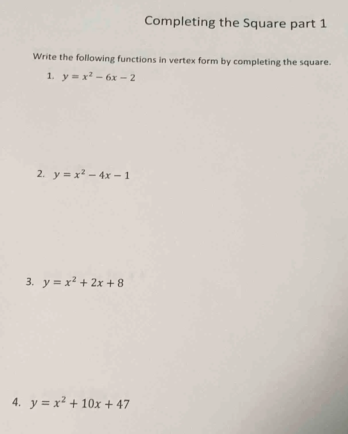 completing the square part 1 write the following functions in vertex fo…