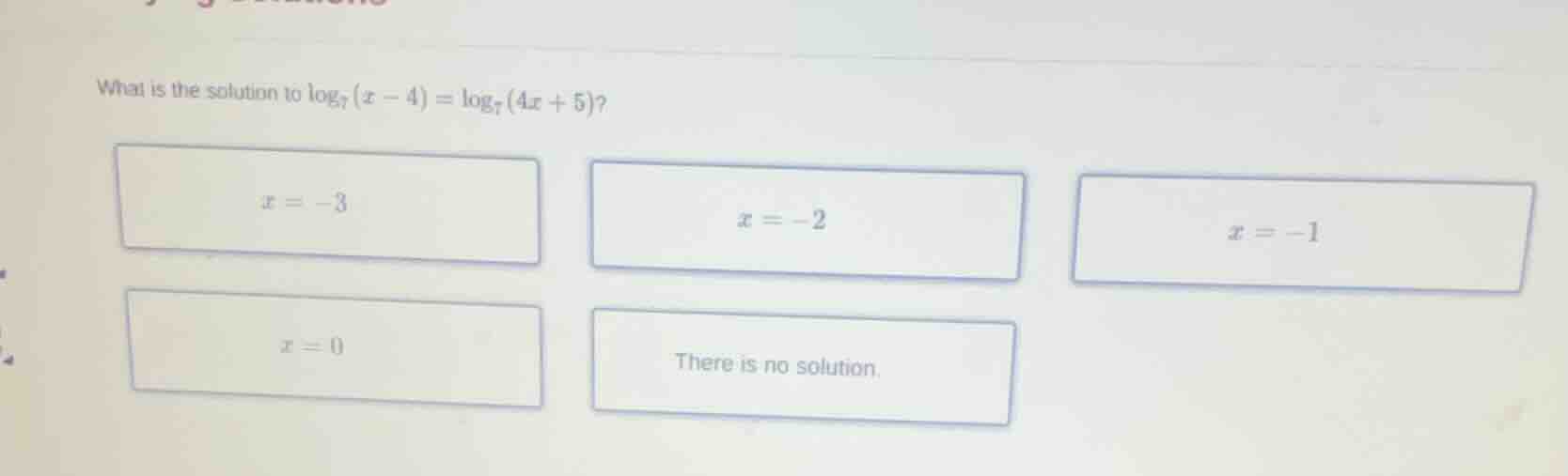 what is the solution to \\(\\log_{7}(x - 4)=\\log_{7}(4x + 5)\\)?\\(x =…