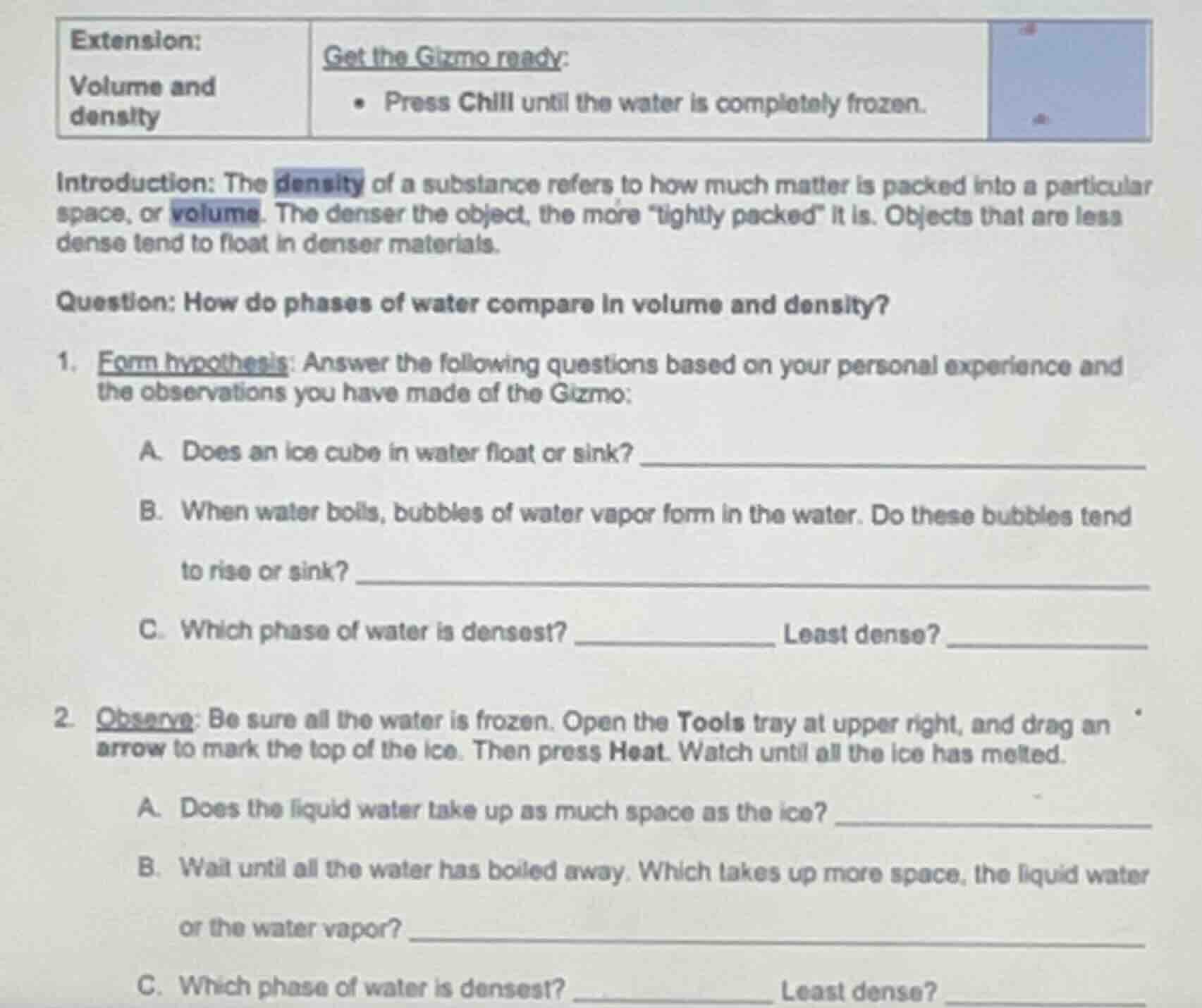 extension: volume and density get the gizmo ready: - press chill until …