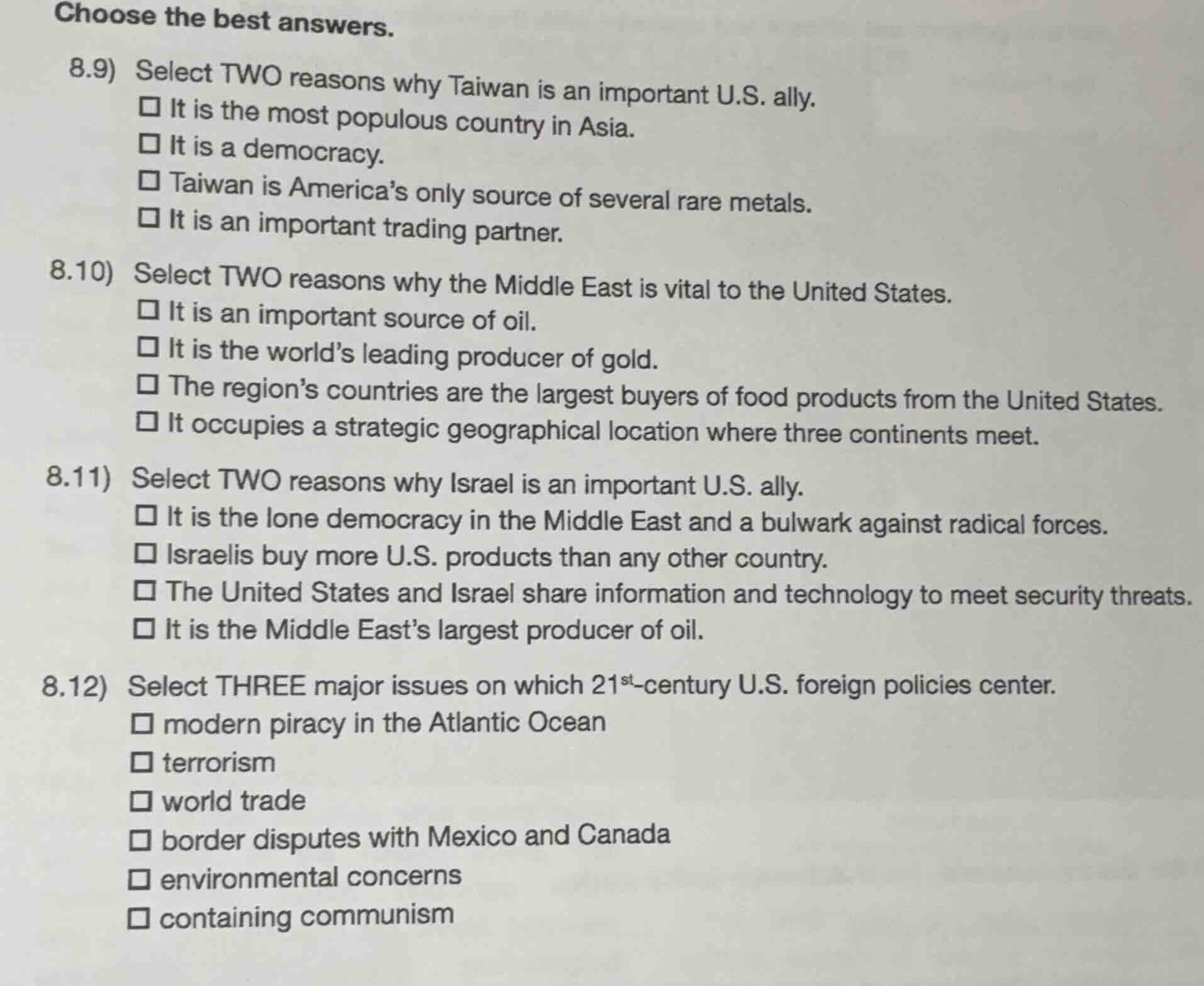 choose the best answers. 8.9) select two reasons why taiwan is an impor…