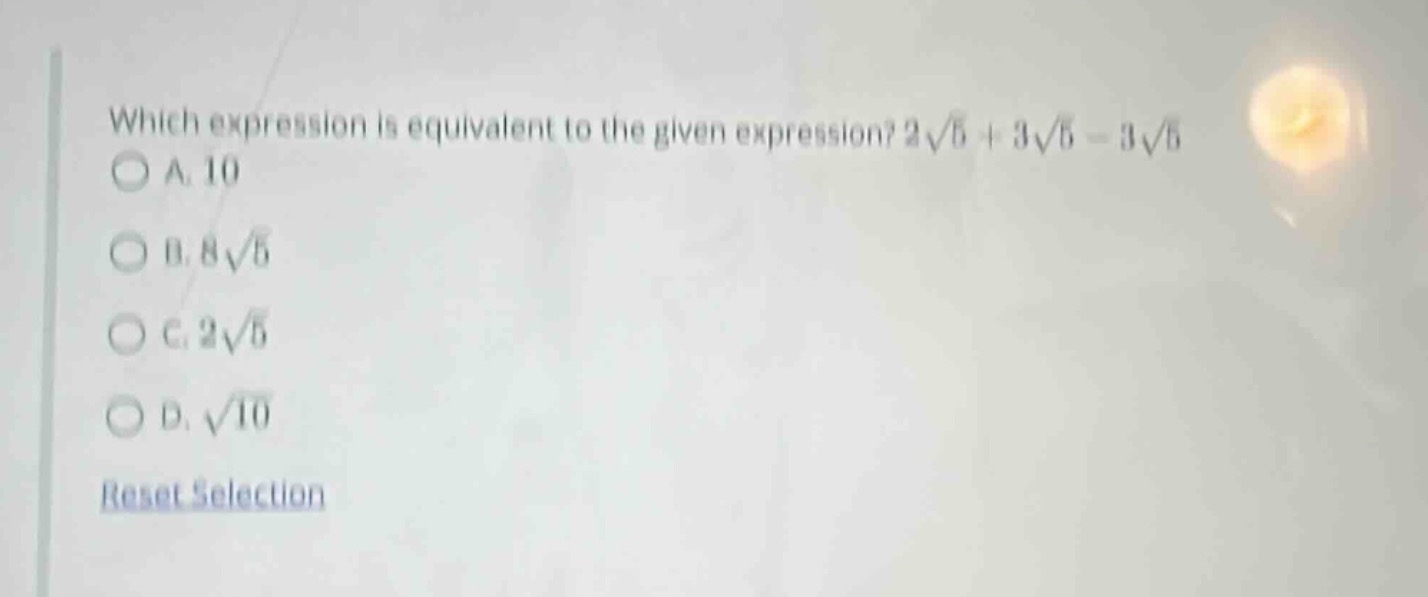 which expression is equivalent to the given expression? $2\\sqrt{5} + 3…