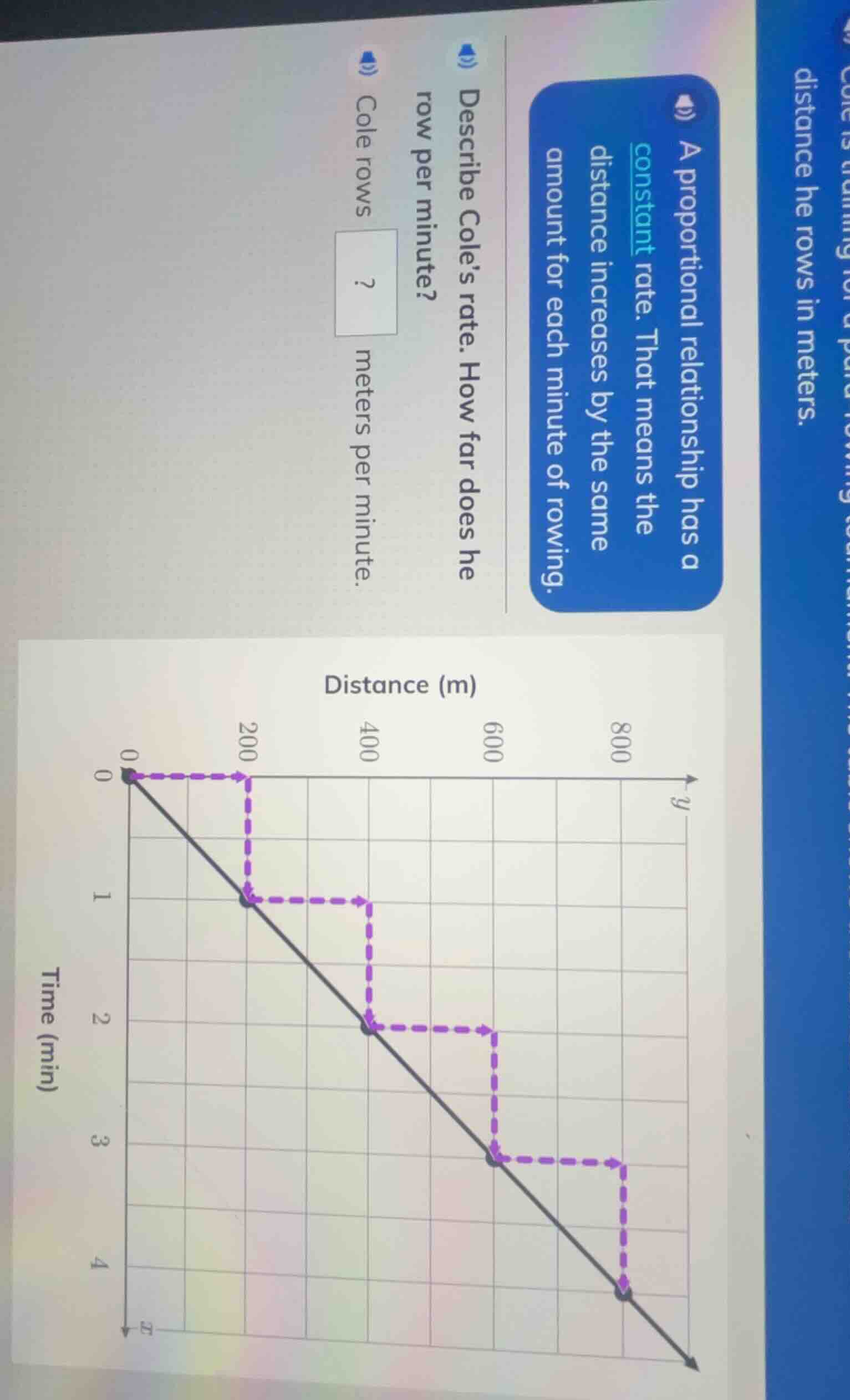 a proportional relationship has a constant rate. that means the distanc…