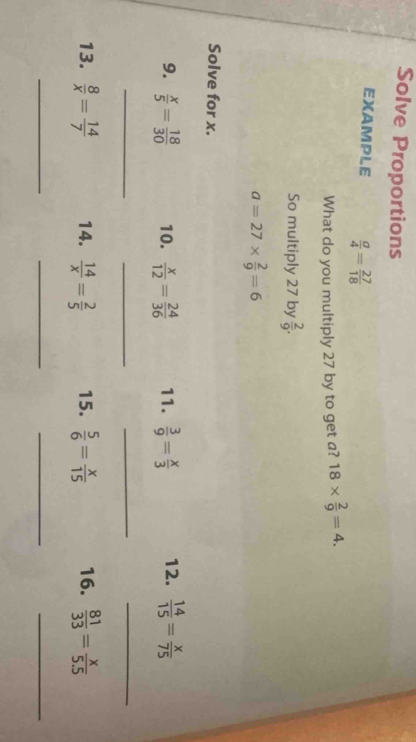solve proportions example \\(\\frac{a}{4}=\\frac{27}{18}\\) what do you…