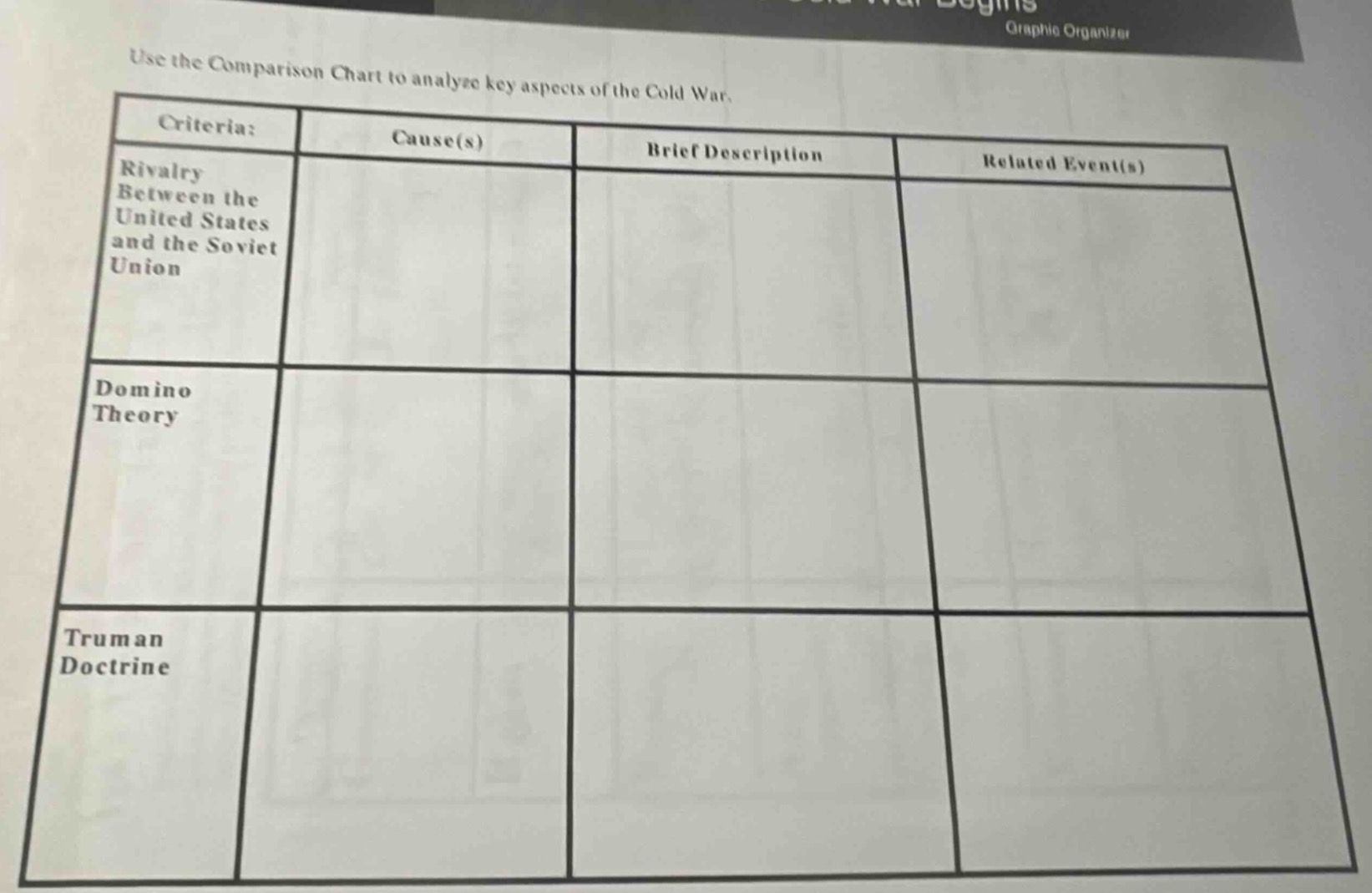 use the comparison chart to analyze key aspects of the cold war. criter…