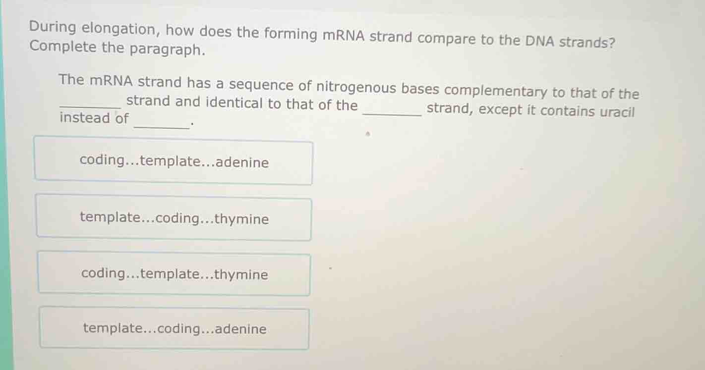 during elongation, how does the forming mrna strand compare to the dna …
