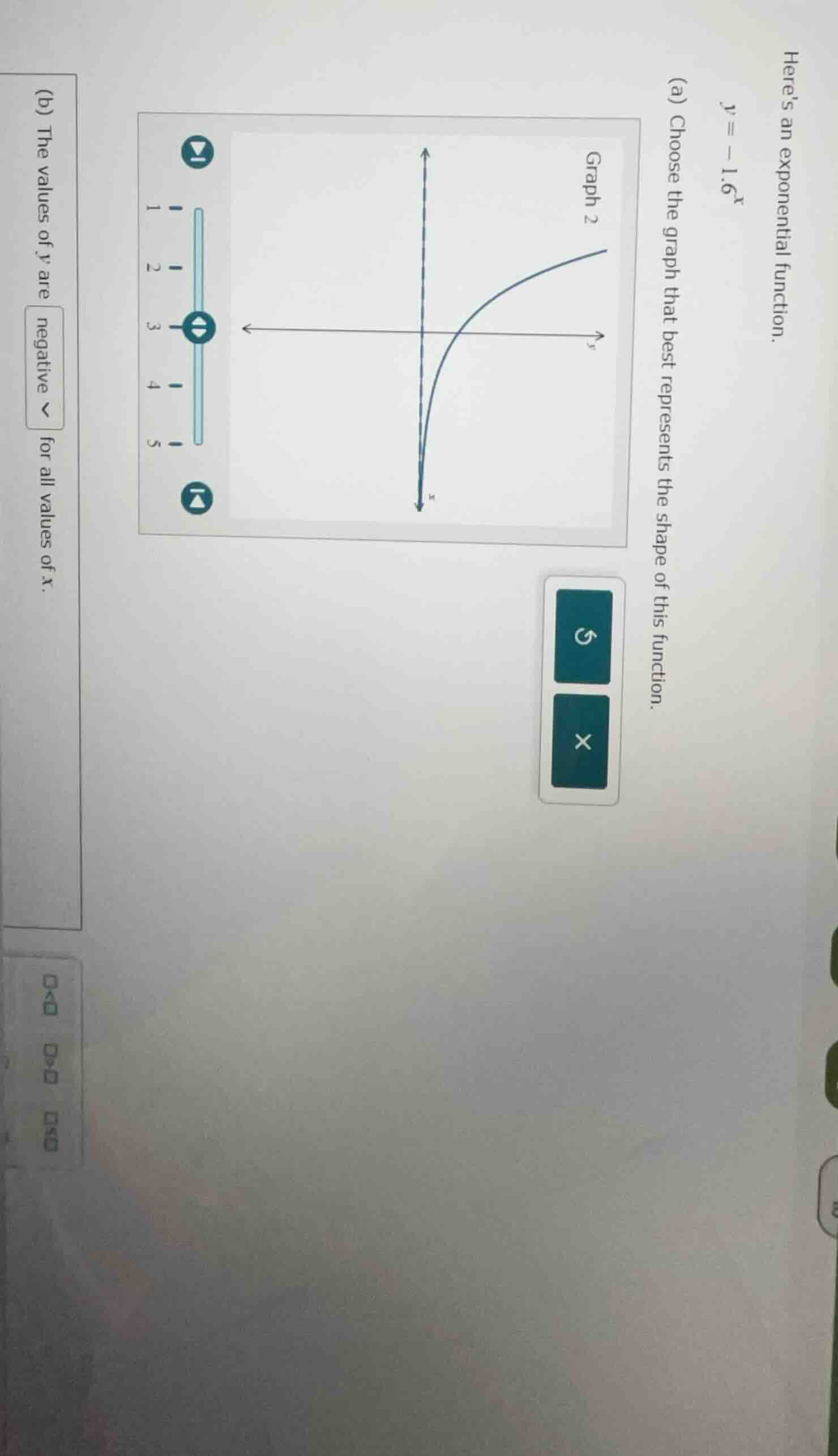 heres an exponential function. ( y = -1.6^x ) (a) choose the graph that…