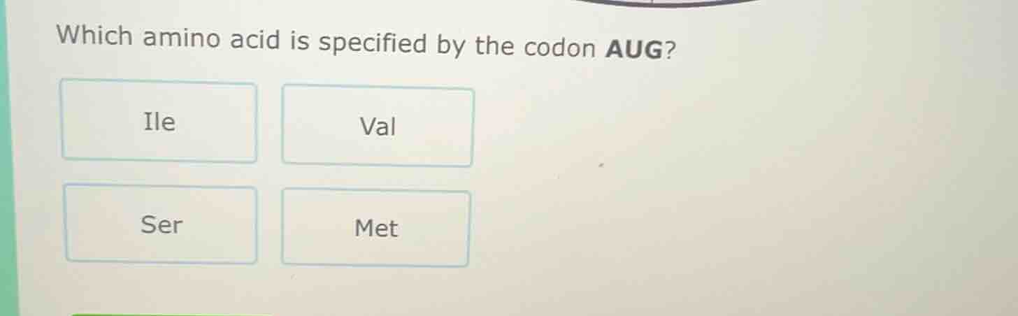 which amino acid is specified by the codon aug? ile val ser met