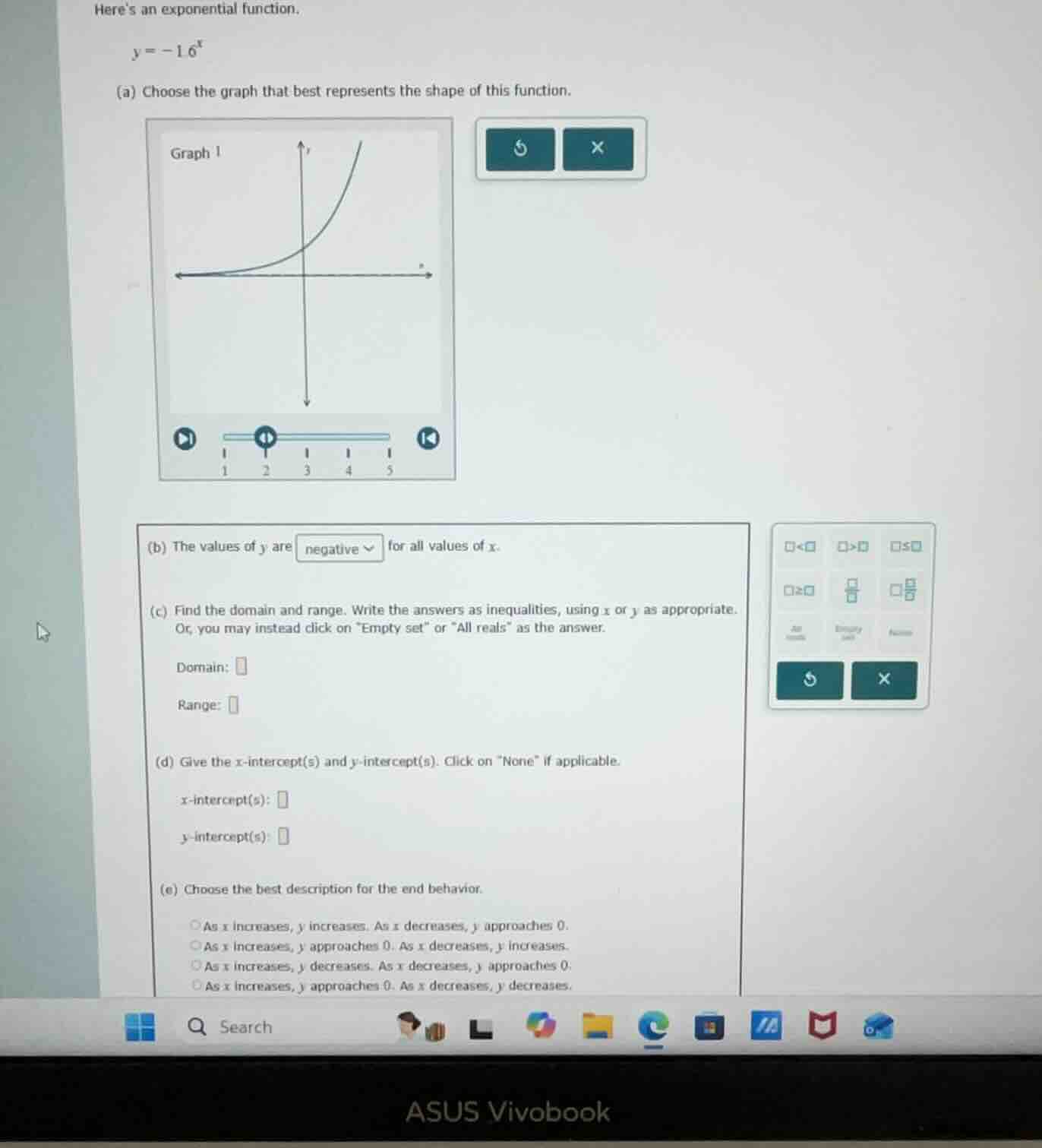 heres an exponential function. \\( y = -1.6^x \\) (a) choose the graph …