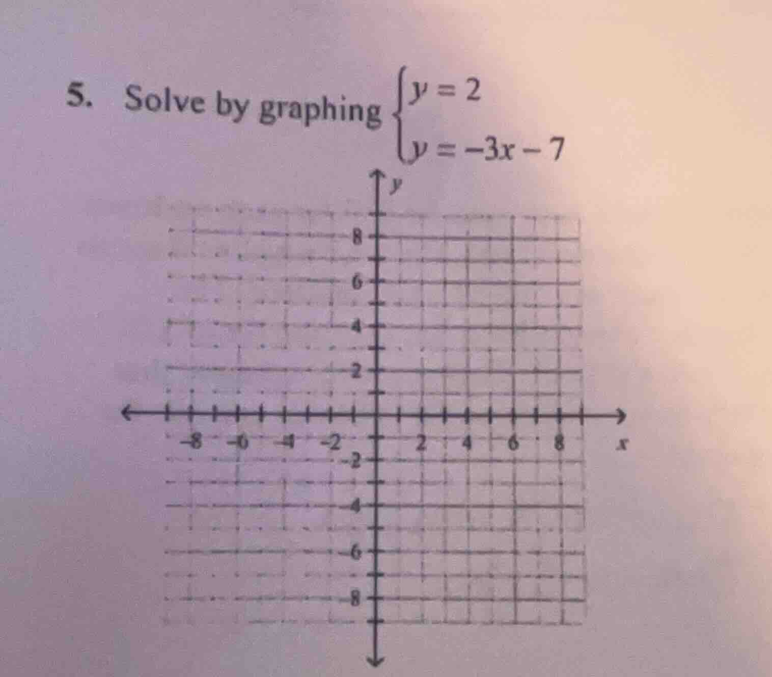 5. solve by graphing \\(\\begin{cases} y = 2 \\\\ y = -3x - 7 \\end{cas…
