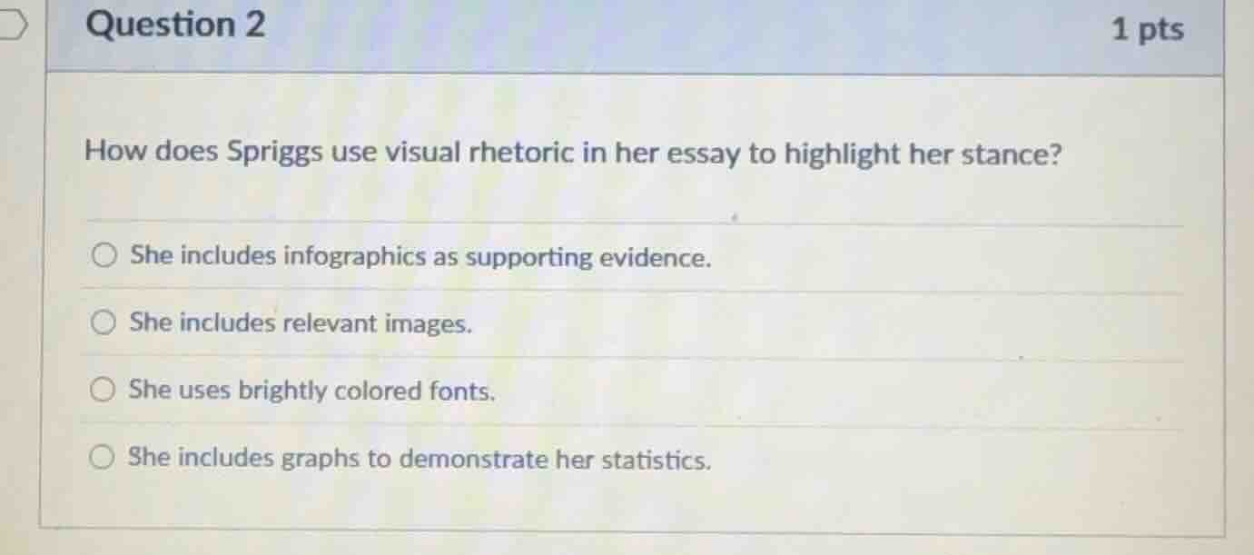 question 2 1 pts how does spriggs use visual rhetoric in her essay to h…