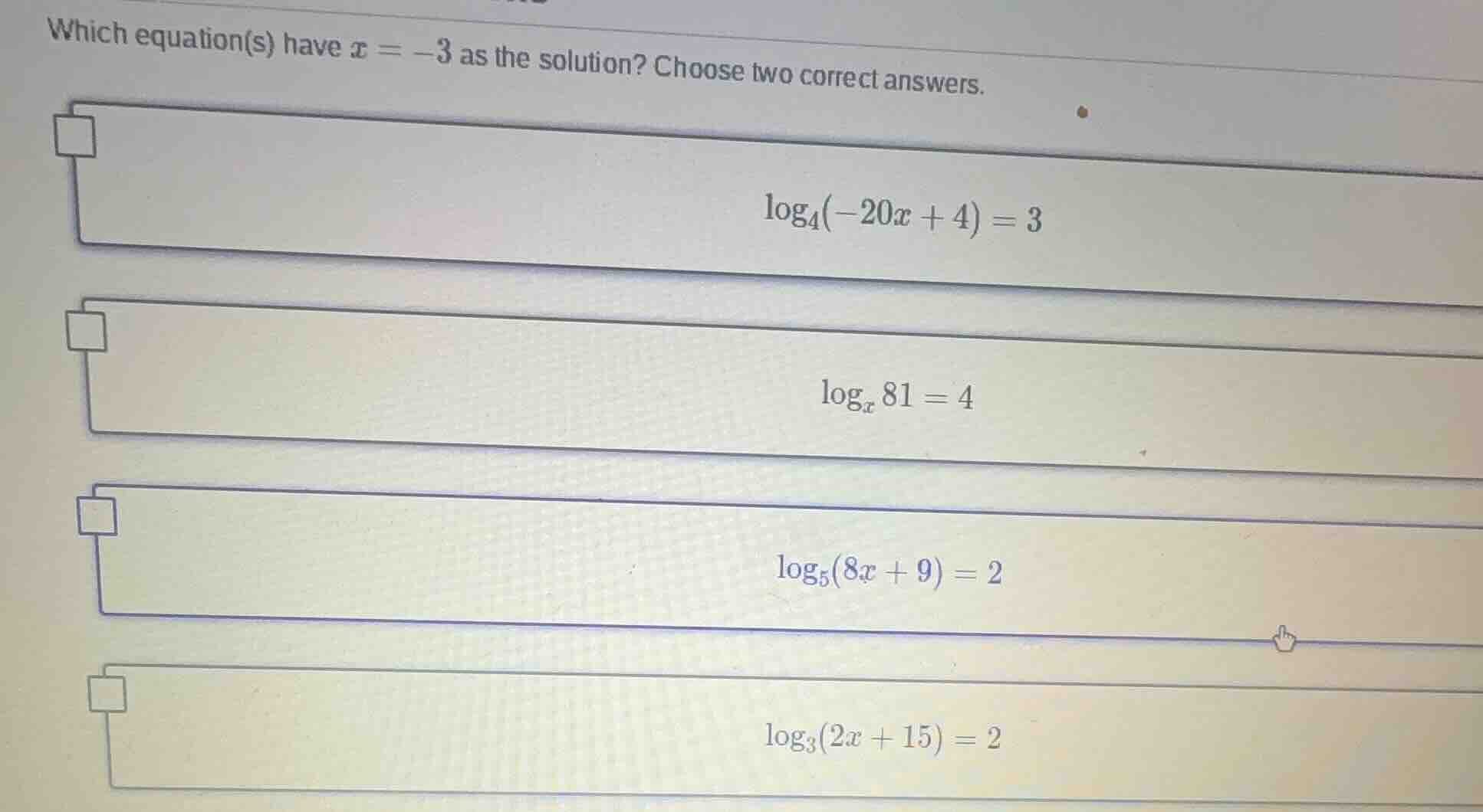 which equation(s) have $x = -3$ as the solution? choose two correct ans…