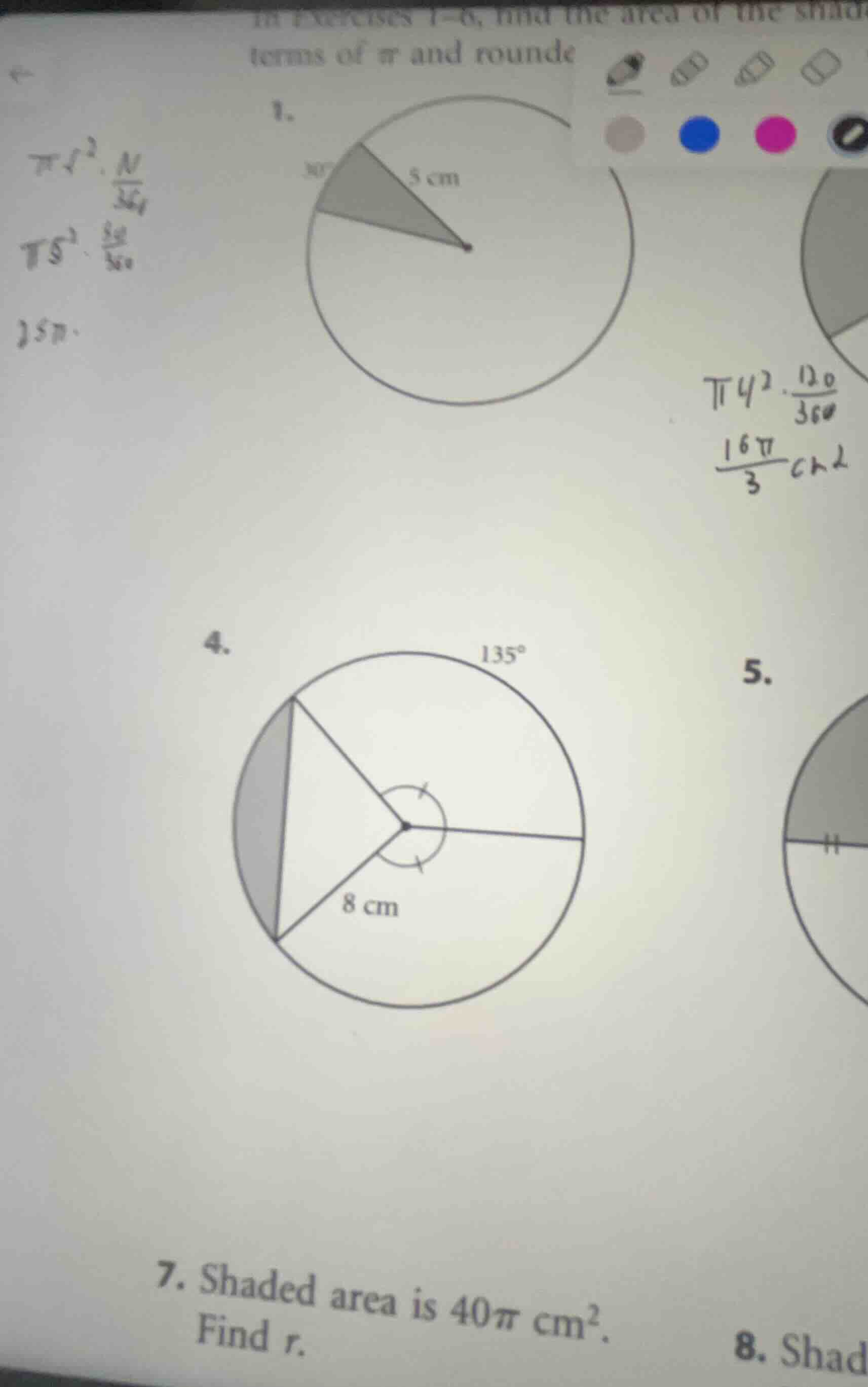 in exercises 1–6, find the area of the shade terms of \\( \\pi \\) and …