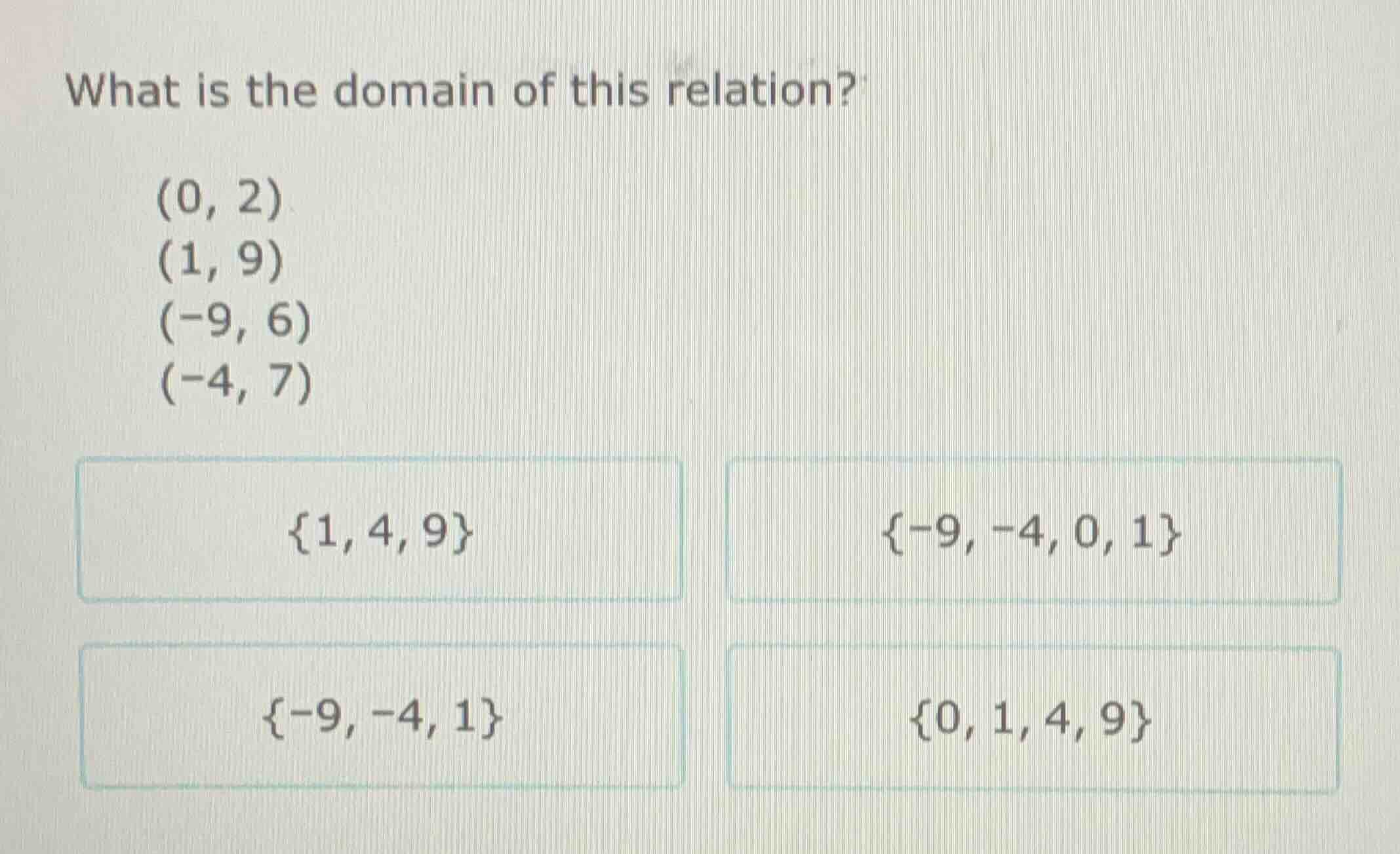 what is the domain of this relation? (0, 2) (1, 9) (-9, 6) (-4, 7) {1, …