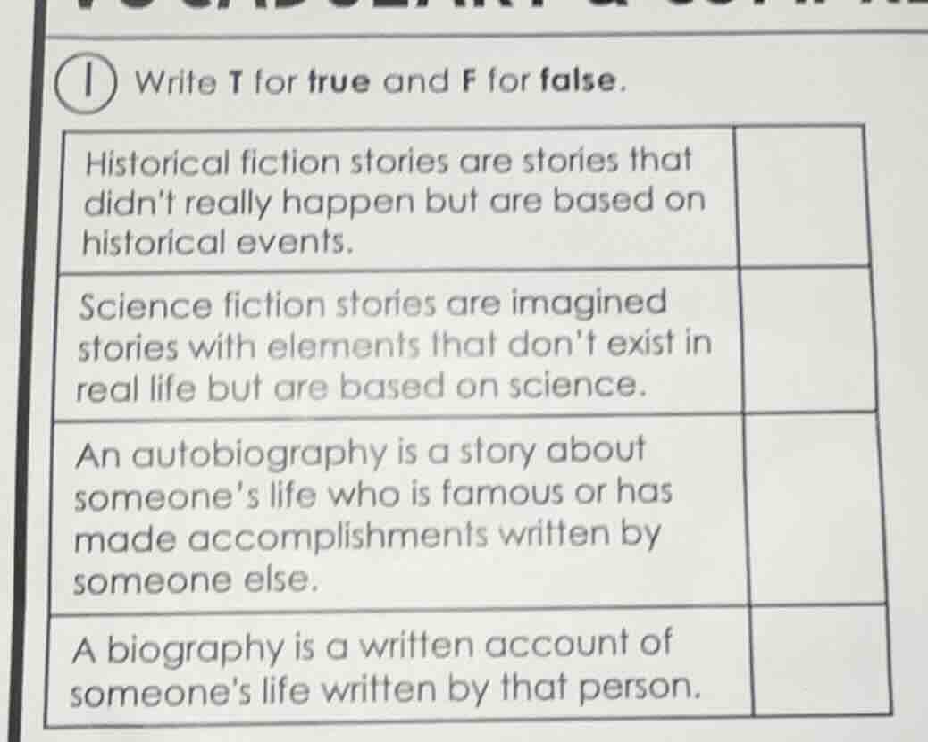 1 write t for true and f for false. historical fiction stories are stor…