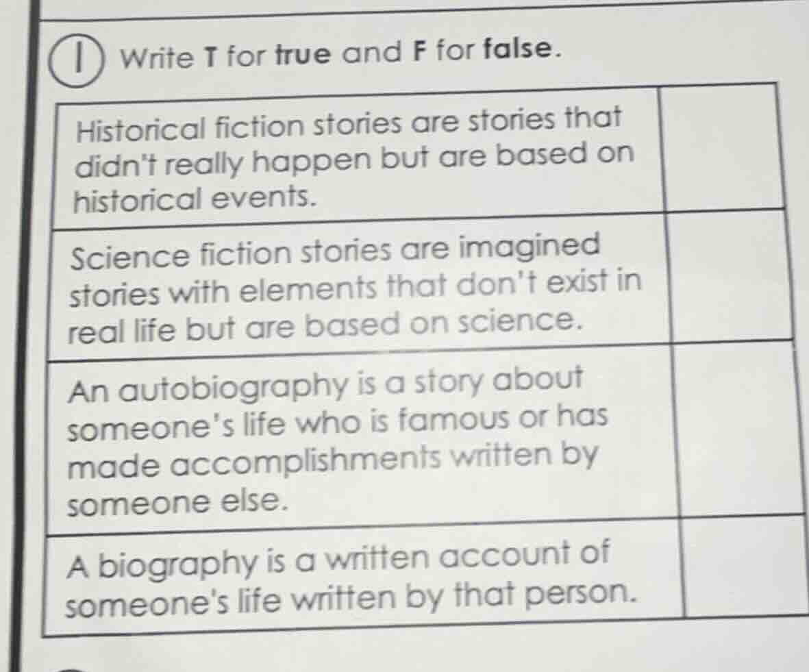 write t for true and f for false. historical fiction stories are storie…