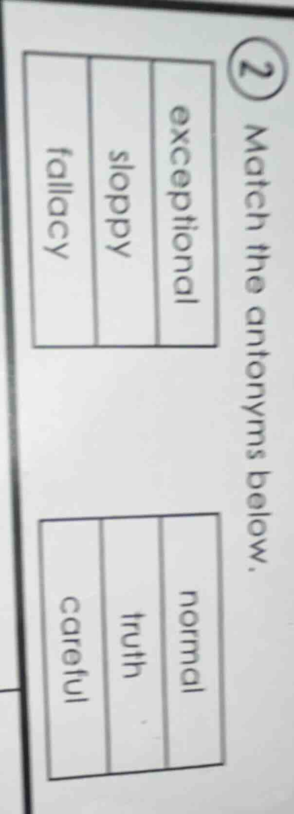 2 match the antonyms below. exceptional sloppy fallacy normal truth car…