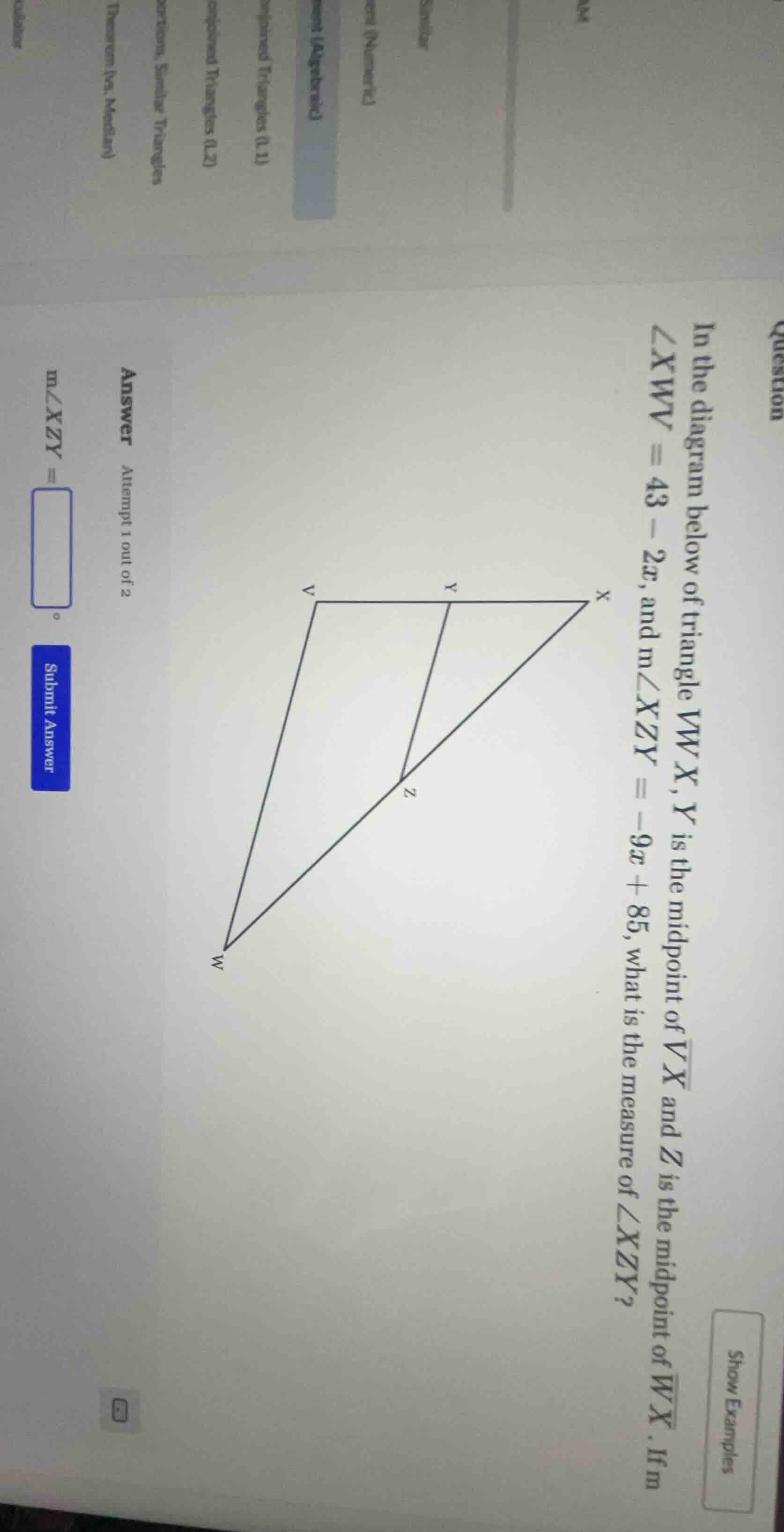 question in the diagram below of triangle vwx, y is the midpoint of \\(…