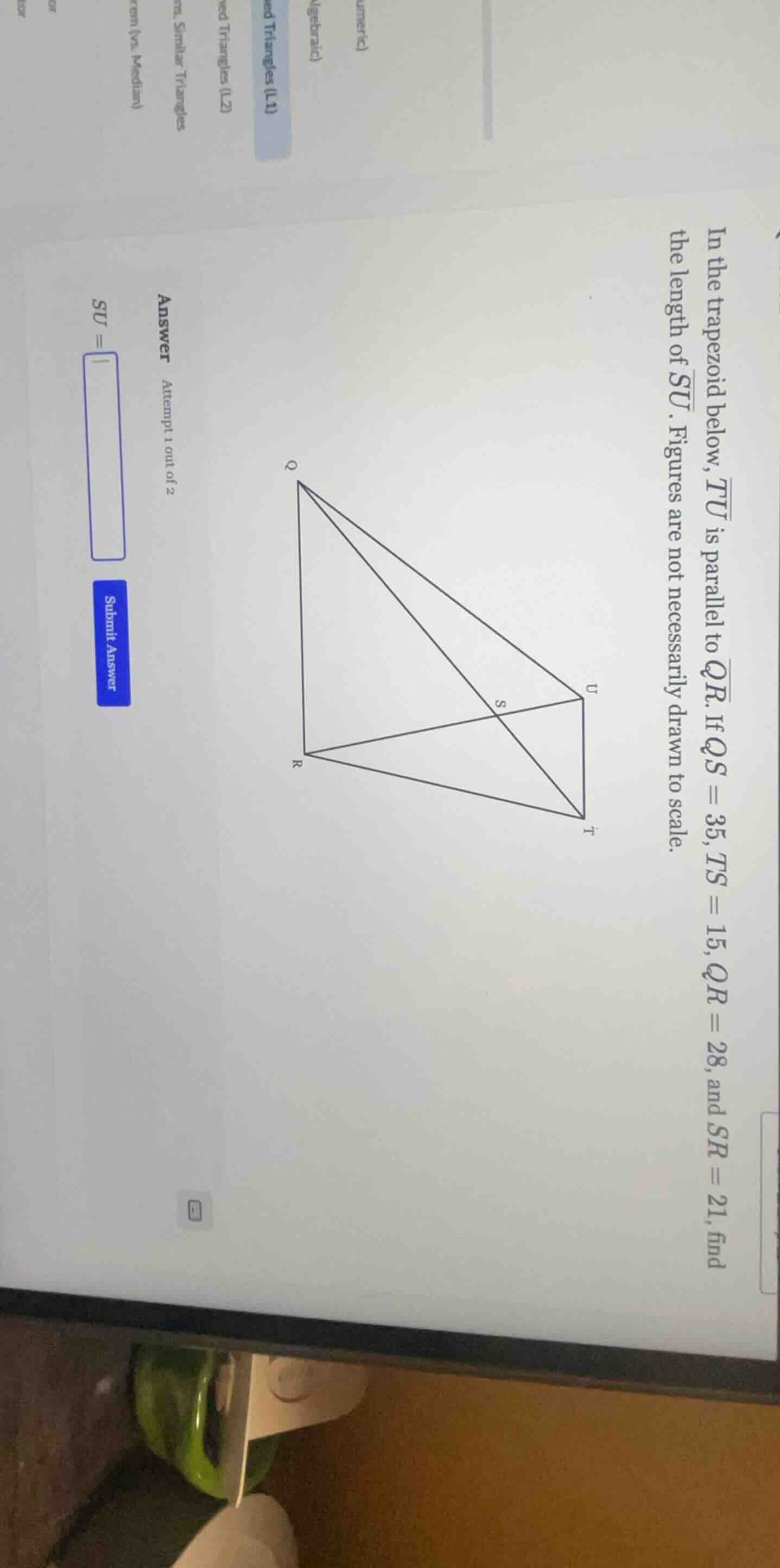 in the trapezoid below, \\( \\overline{tu} \\) is parallel to \\( \\ove…