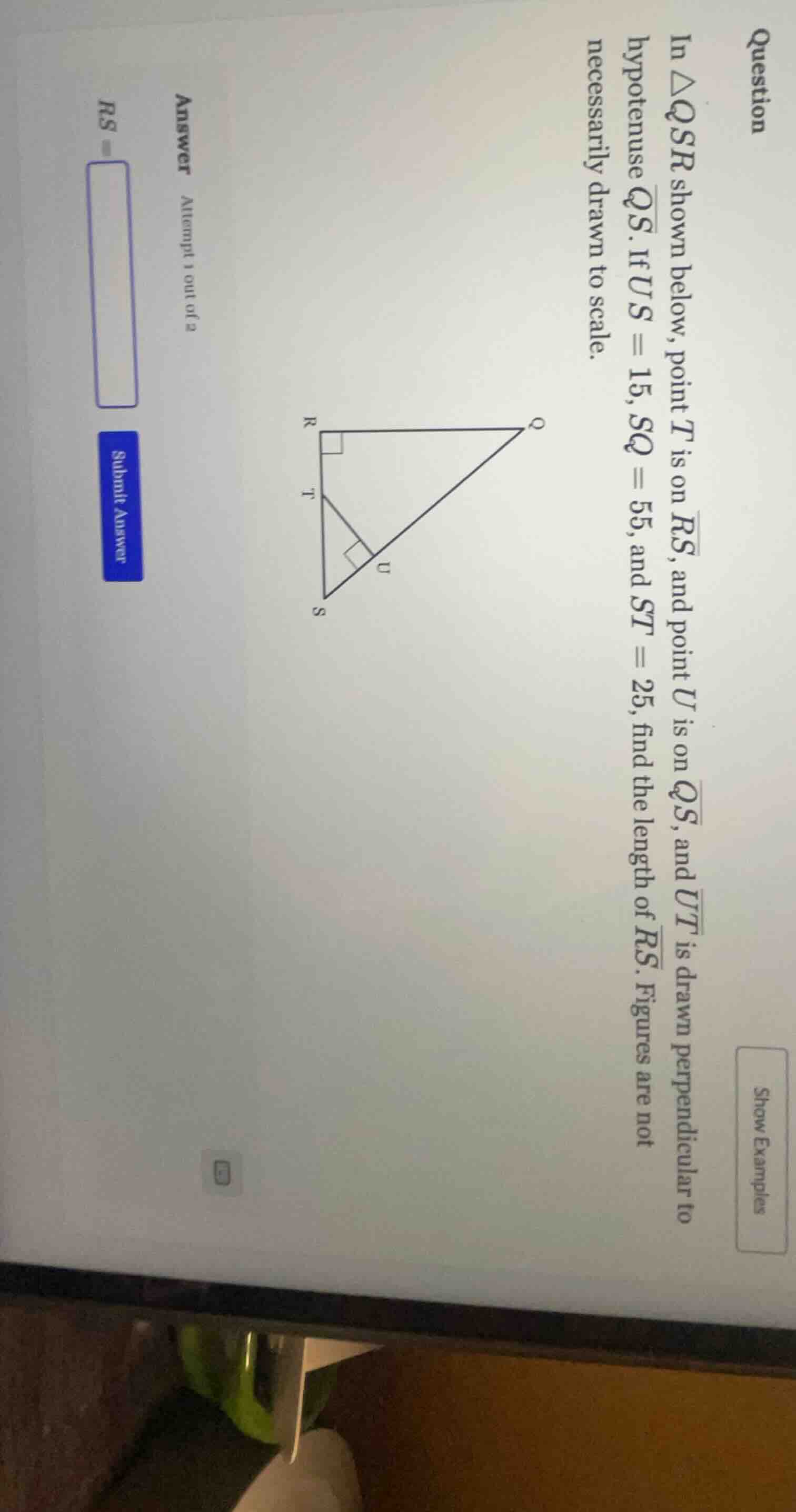 question in △qsr shown below, point t is on (overline{rs}), and point u…