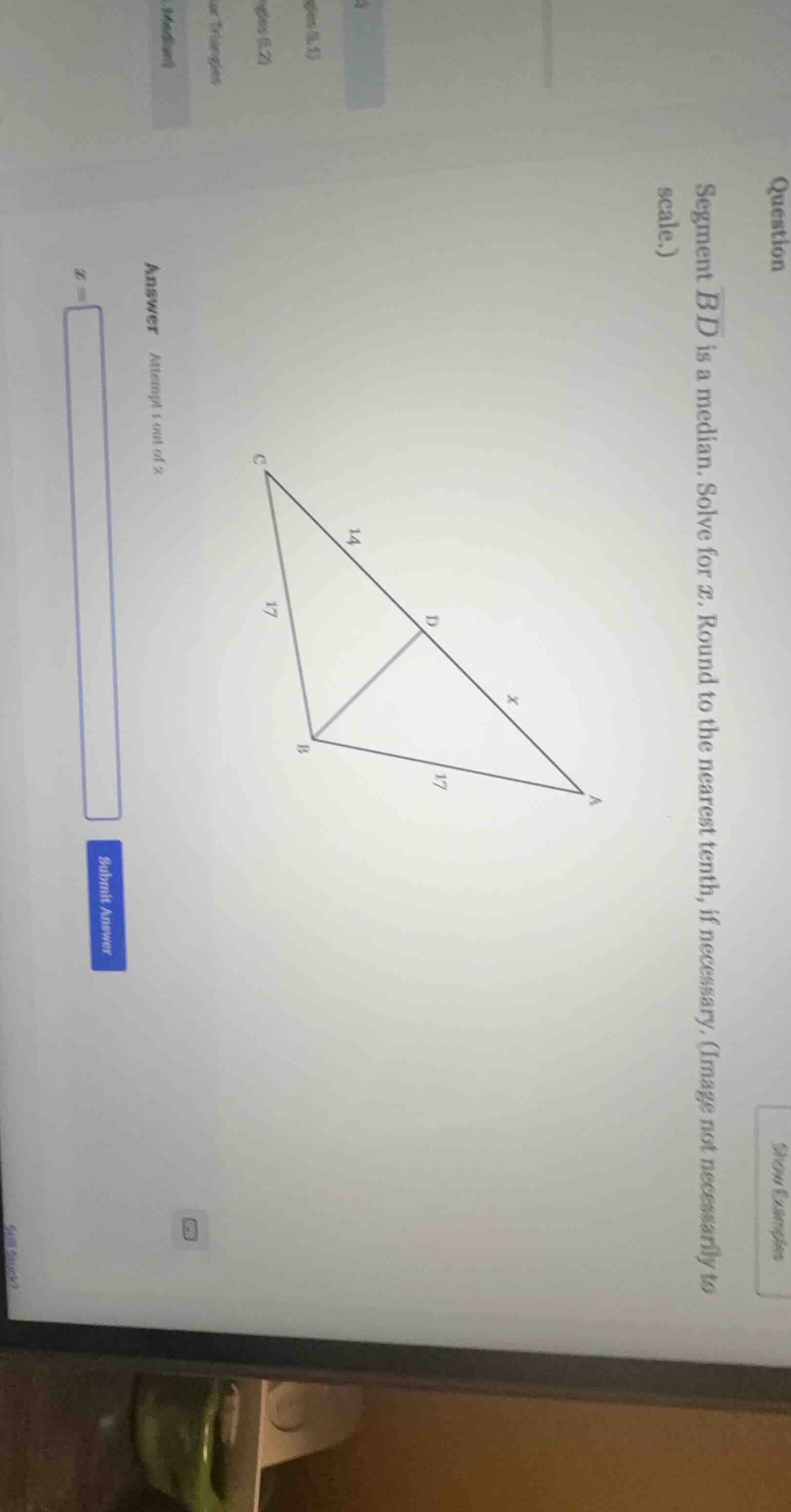 segment \\( \\overline{bd} \\) is a median. solve for \\( x \\). round …