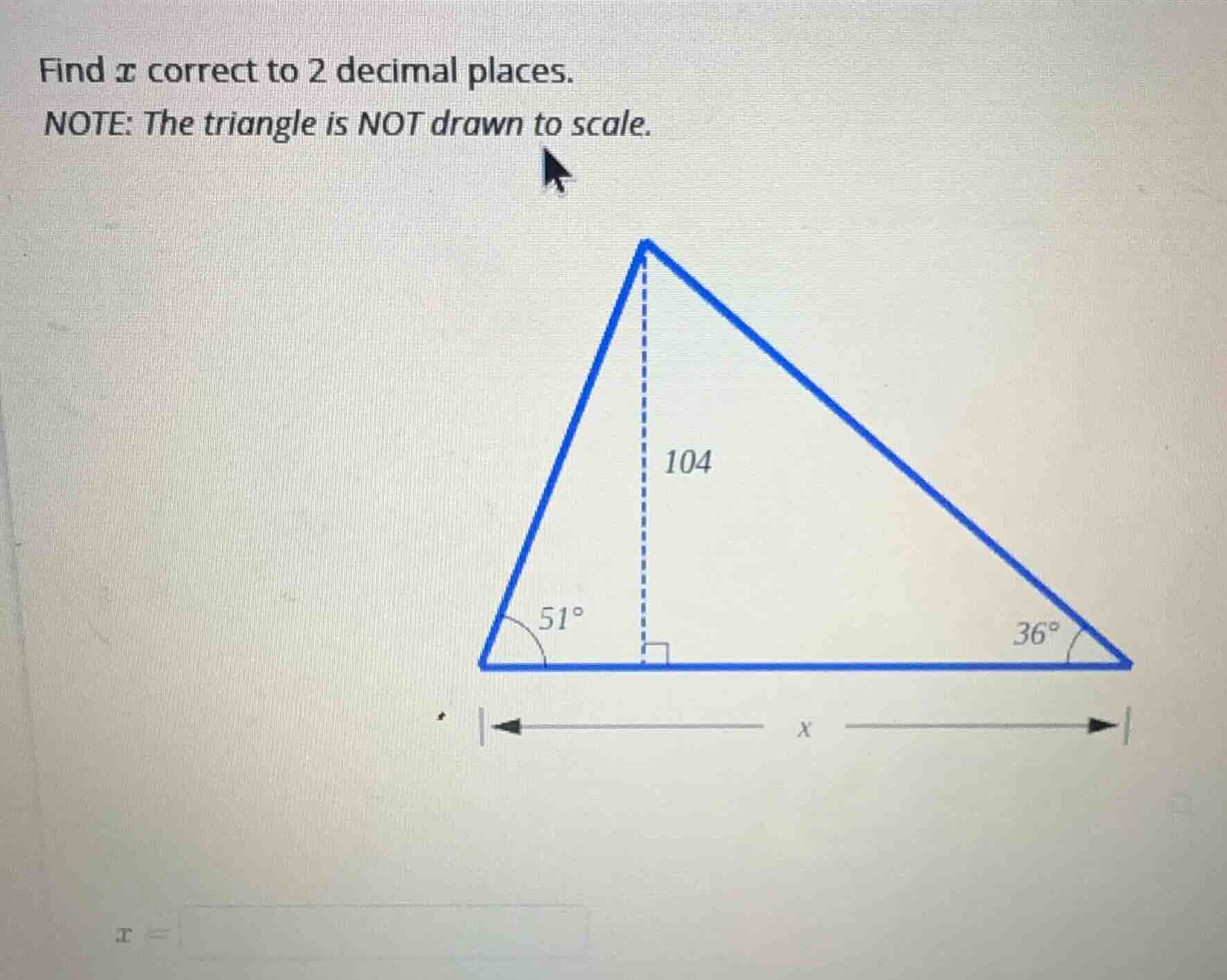 find ( x ) correct to 2 decimal places. note: the triangle is not drawn…