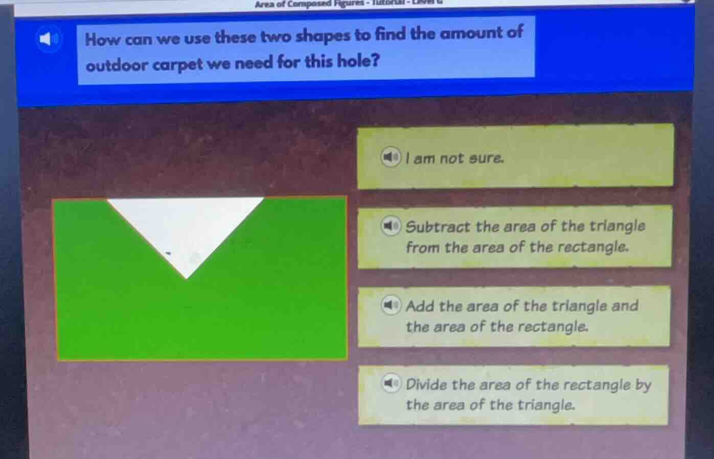 how can we use these two shapes to find the amount of outdoor carpet we…