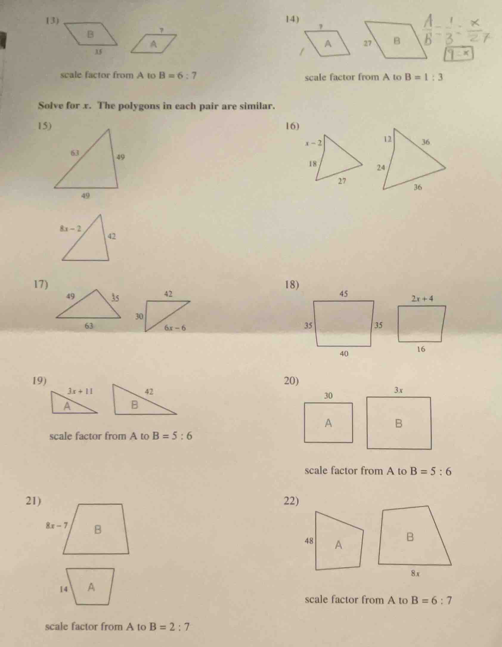 13) scale factor from a to b = 6 : 7 14) scale factor from a to b = 1 :…