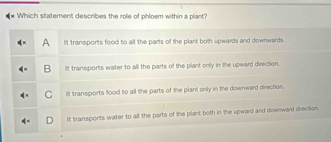 which statement describes the role of phloem within a plant? a it trans…