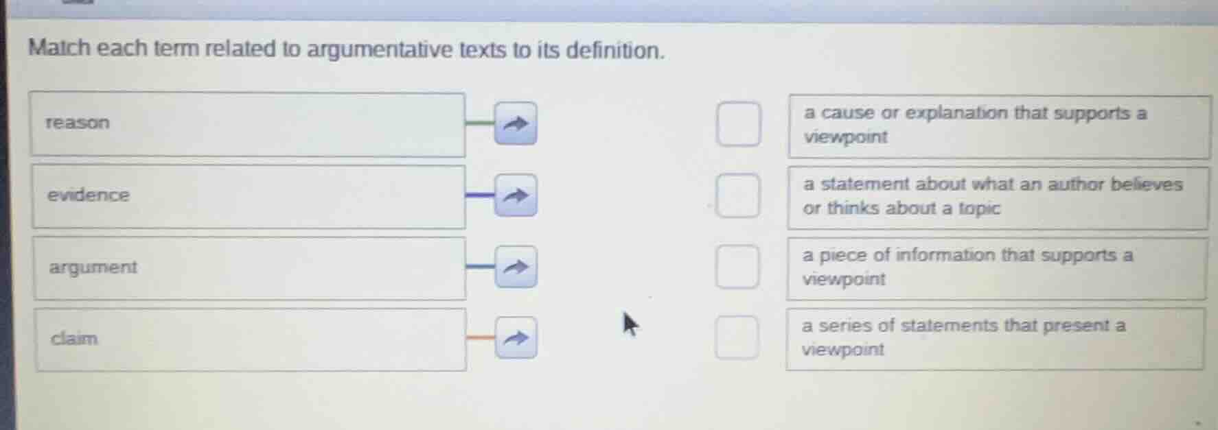 match each term related to argumentative texts to its definition. reaso…