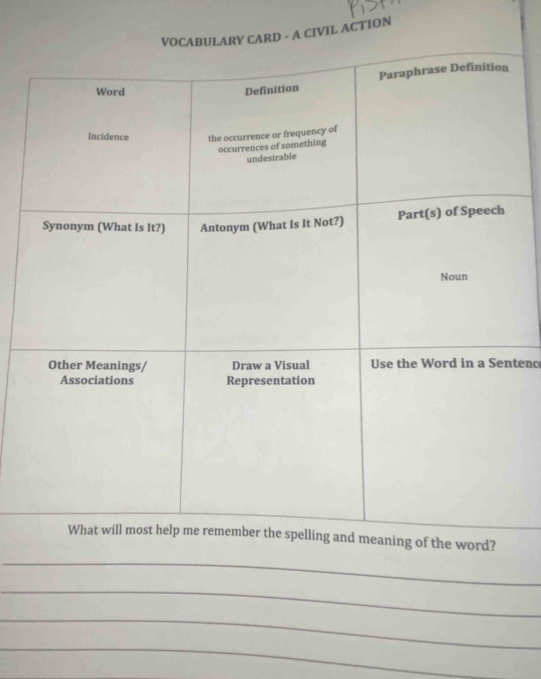 vocabulary card - a civil action word: incidence definition: the occurr…