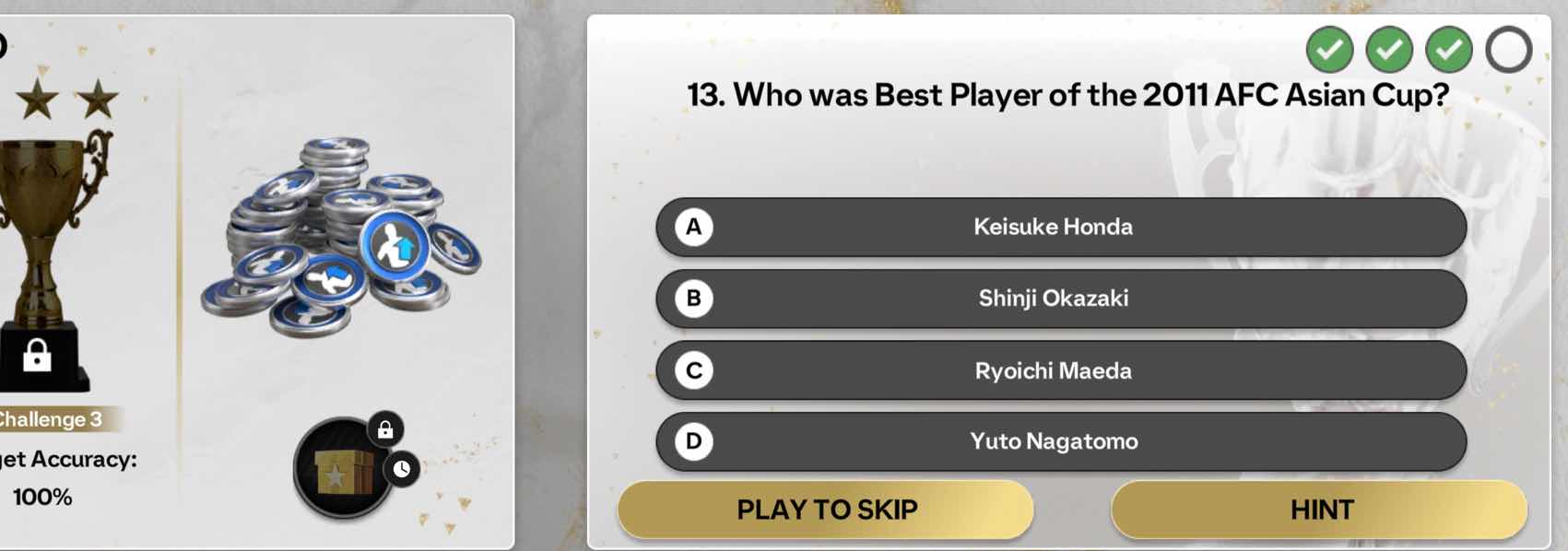 13. who was best player of the 2011 afc asian cup? a keisuke honda b sh…