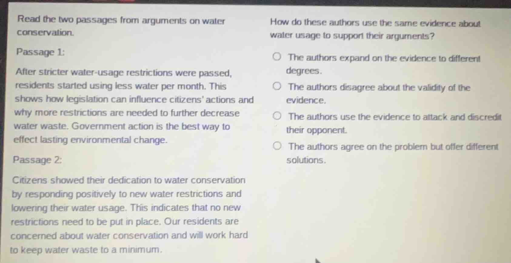read the two passages from arguments on water conservation. passage 1: …