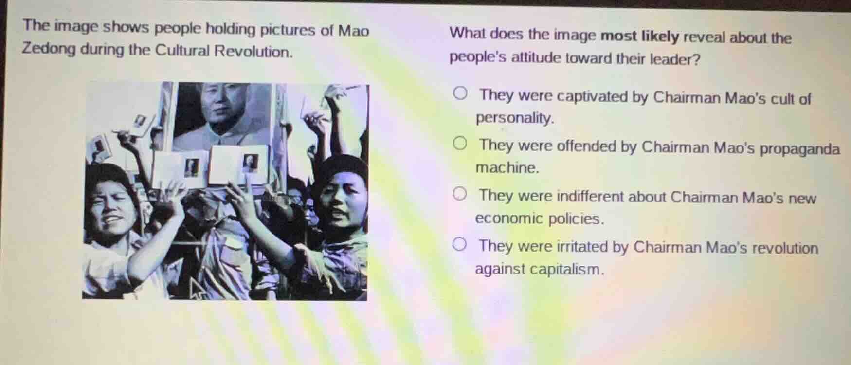 the image shows people holding pictures of mao zedong during the cultur…
