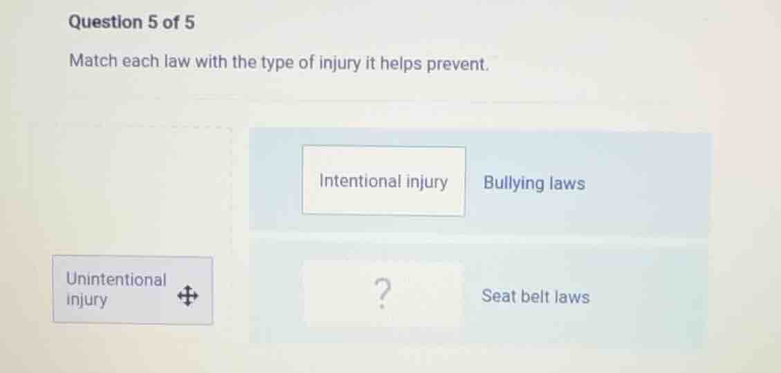 question 5 of 5 match each law with the type of injury it helps prevent…